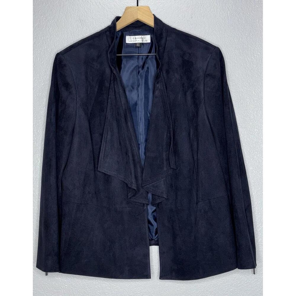 Tahari by ASL Womens Faux Suede Blue Draped Jacket Blazer Plus Size 18W